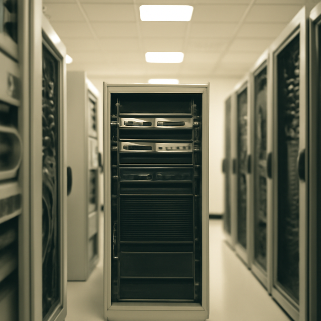 Server room interior with focused mid-ground server and blurred surrounding equipment.