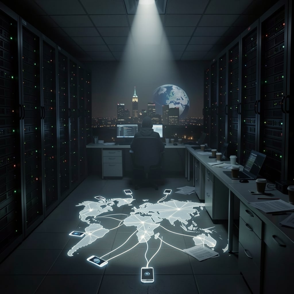 Dimly lit server room with humming servers and blinking lights, overlaid with a glowing global network diagram.