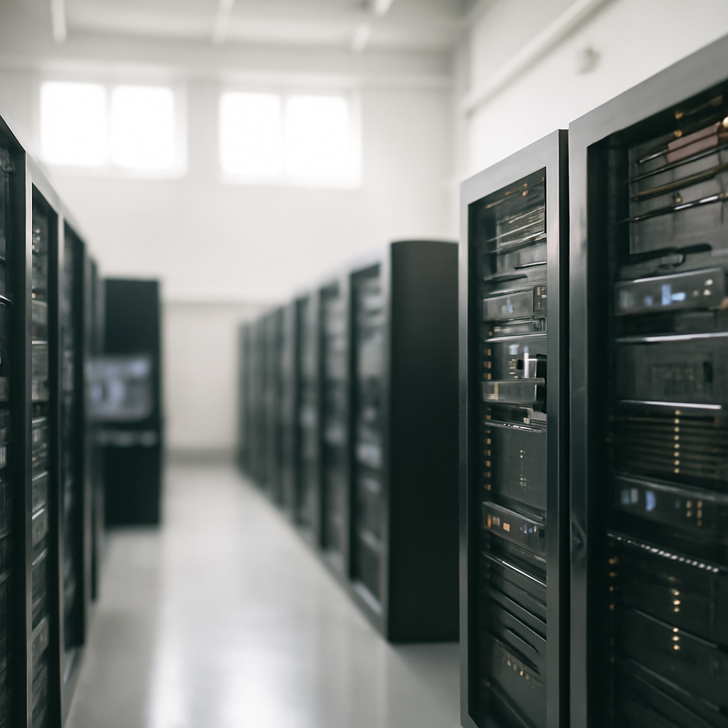Rows of servers in a well-lit data center with daylight visible through large windows, conveying a sense of vulnerability.