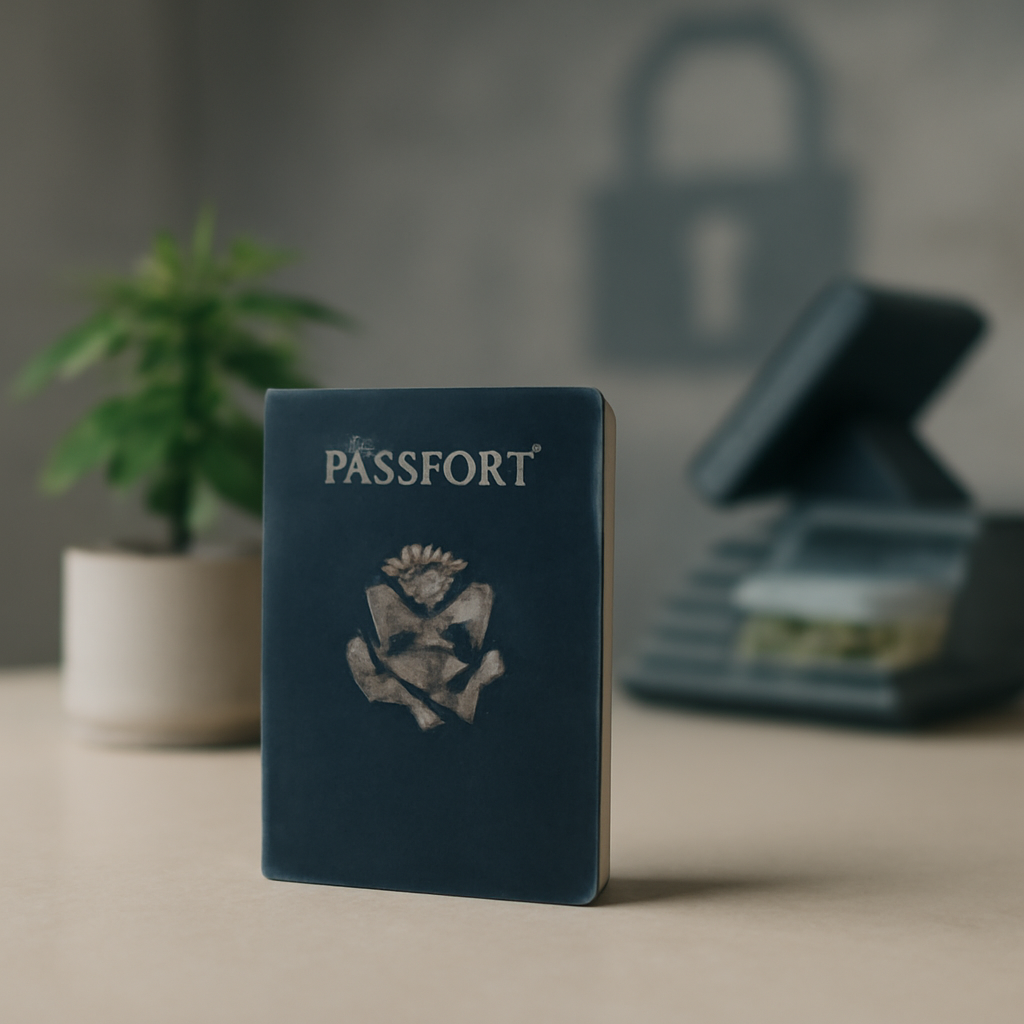 Passport lies on a plain surface surrounded by blurred cannabis dispensary items, hinting at a security breach.