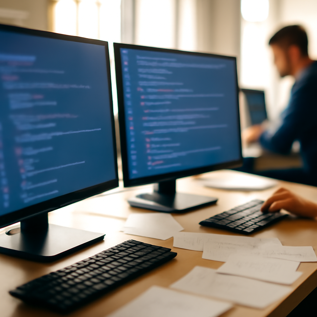 Software development workspace with multiple computer screens and scattered papers.