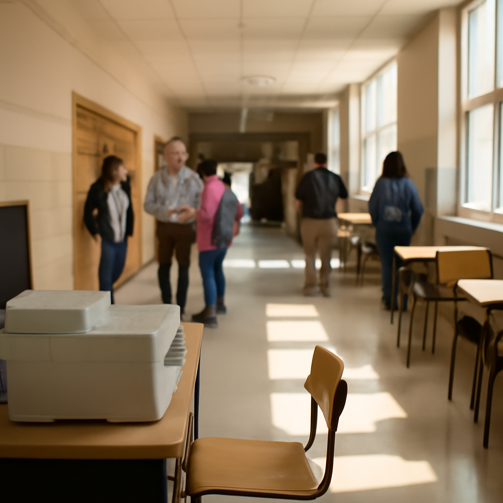 A calm school hallway with students, teachers, and scattered desks, with a computer on a table in the foreground.