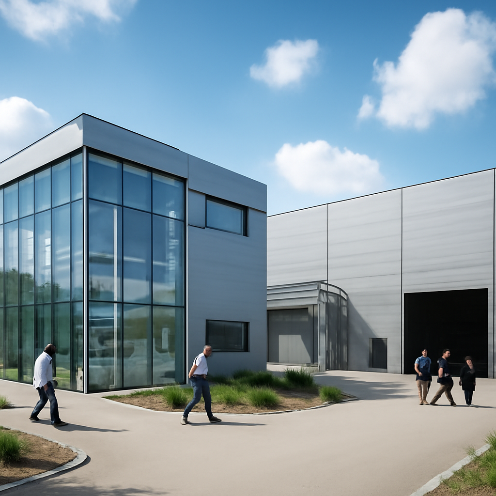 Modern industrial facility with glass and industrial buildings set amidst greenery under a blue sky.
