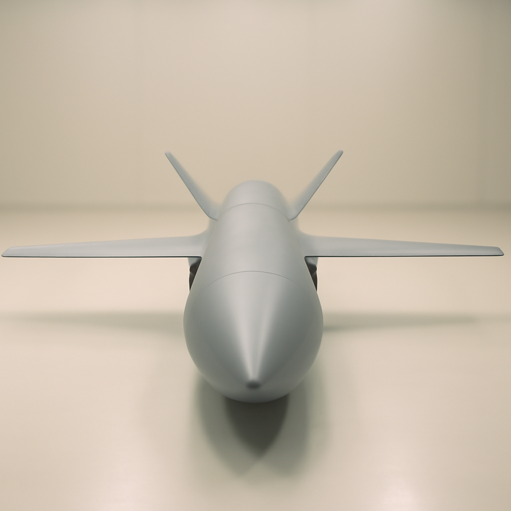 Sleek, futuristic unmanned vehicle with slender body and wingspan on a neutral surface.