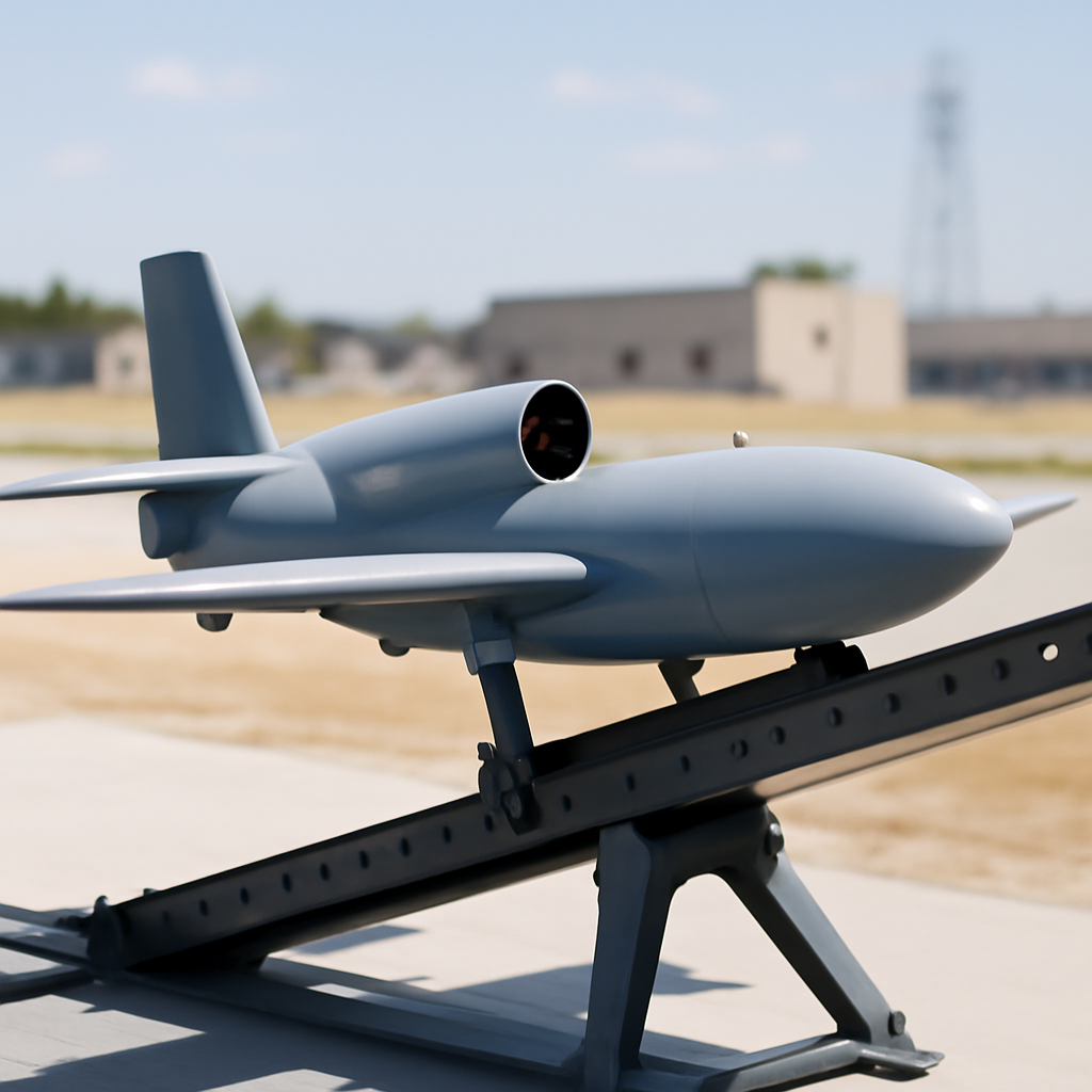 Military drone on launchpad at tech exhibit or test range.