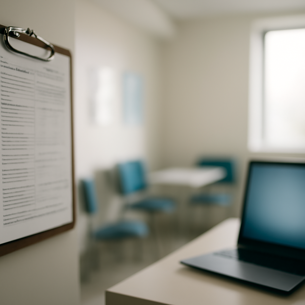 Calm medical office setting with blurred patient records in background.