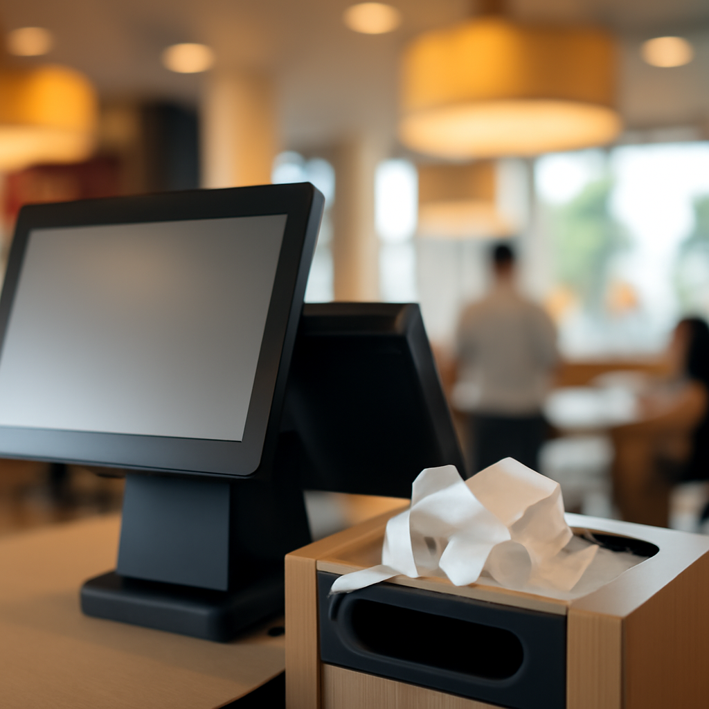 McDonald's restaurant interior with customers, focusing on blurred POS terminal and discarded paper near trash can.