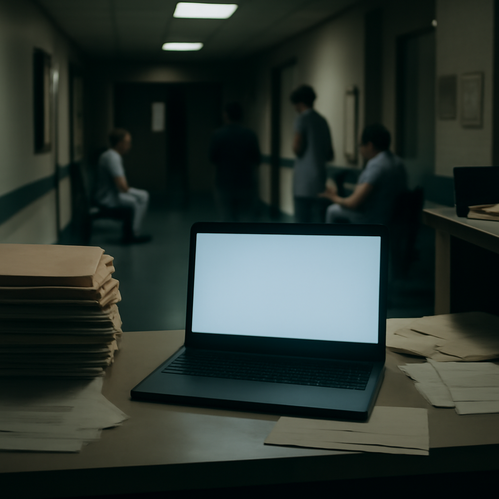 Hospital office desk with laptop, medical records, and papers, in a dimly lit corridor with patients and staff.