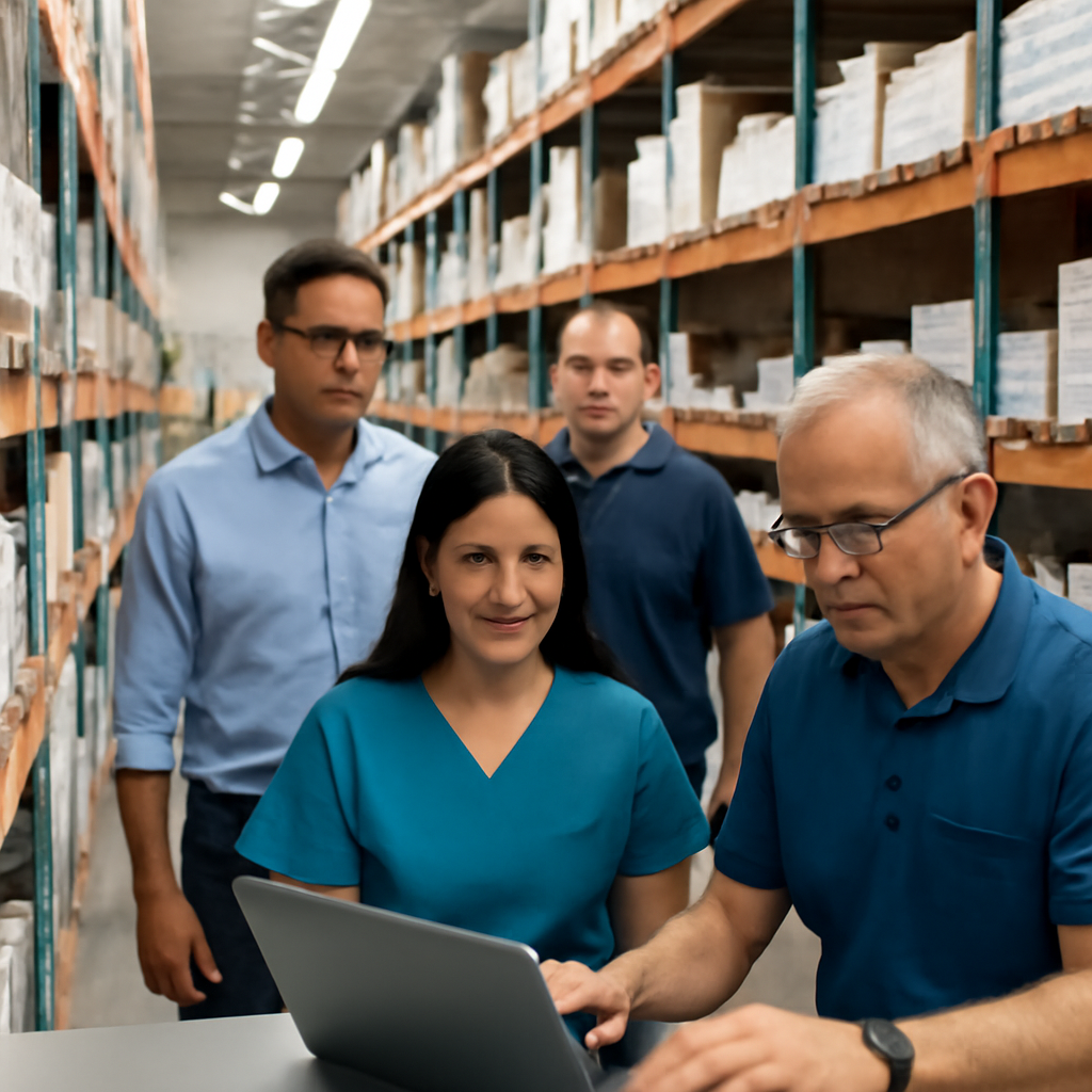 Rows of shelved medical supplies in a distribution center with employees checking a laptop.