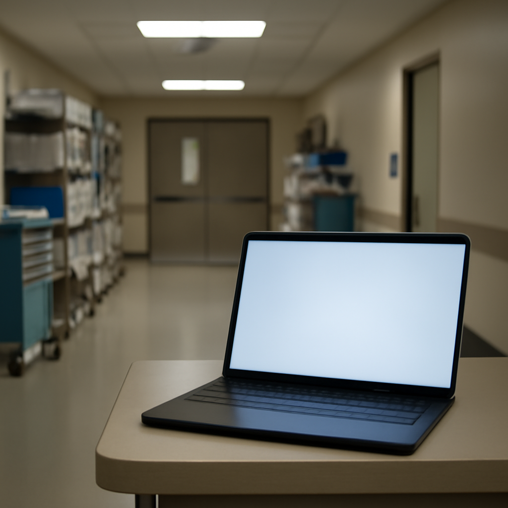 Dimly lit hospital corridor with blurred laptop on a surface amidst medical carts and shelves.
