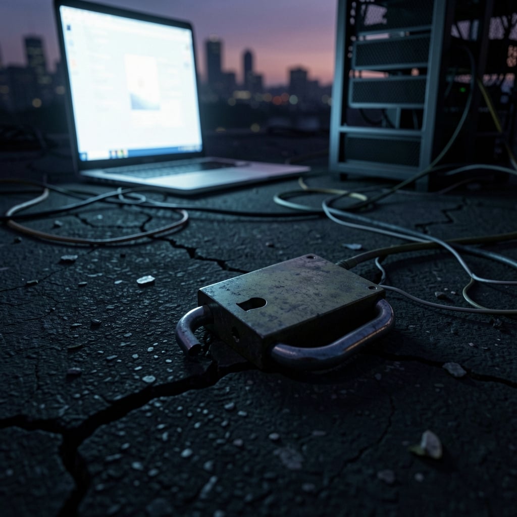 Broken padlock on cracked asphalt with laptop glow, exposed wires, and damaged server racks in background.