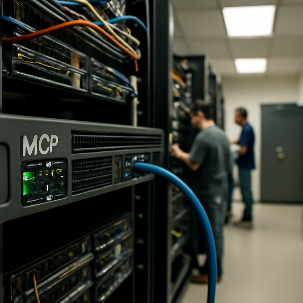 Server room with technicians, focusing on a single MCP server and blurred credentials storage area.