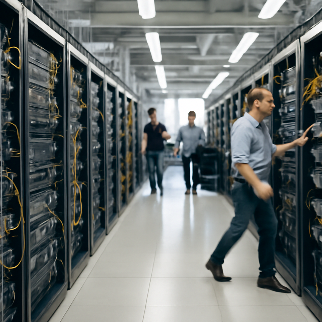 Rows of computer servers in a brightly-lit data center with technicians working in the background.