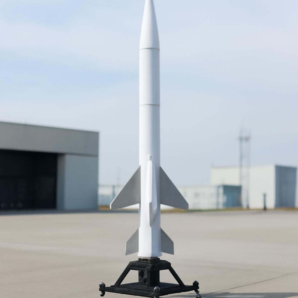 Missile interceptor centered on a testing range with a blurred industrial background.