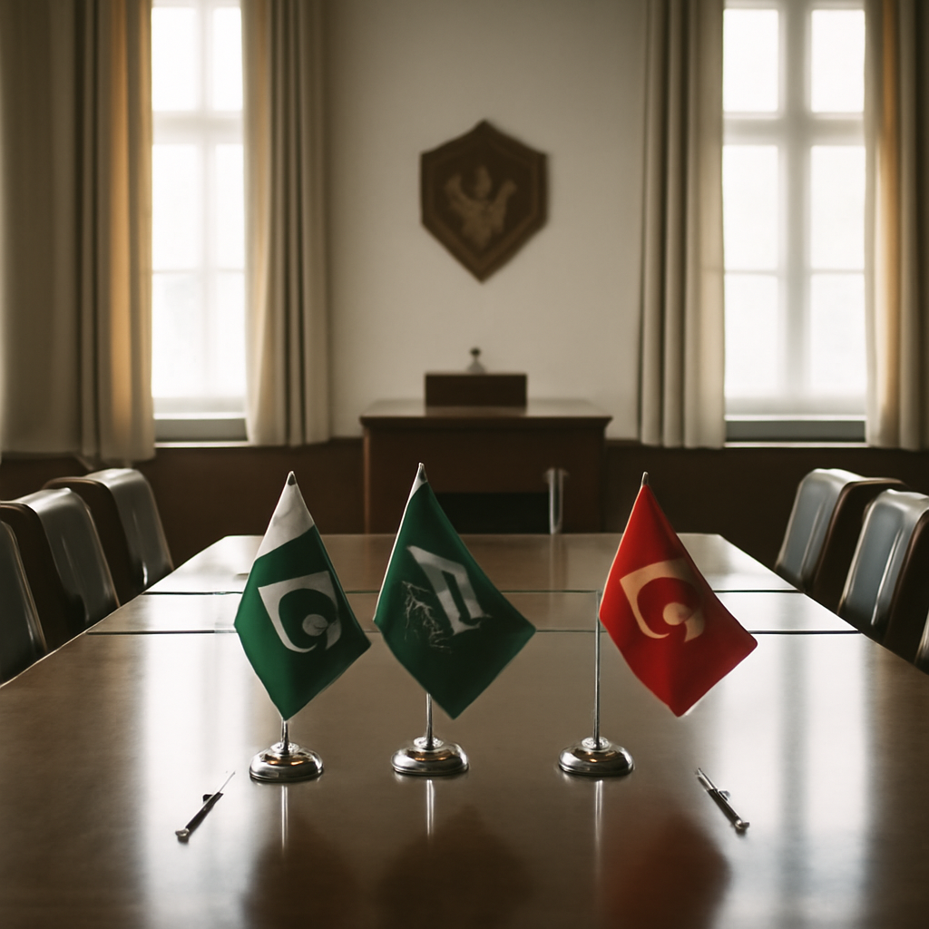 Formal meeting room with polished table and chairs, daylight streaming through tall windows.