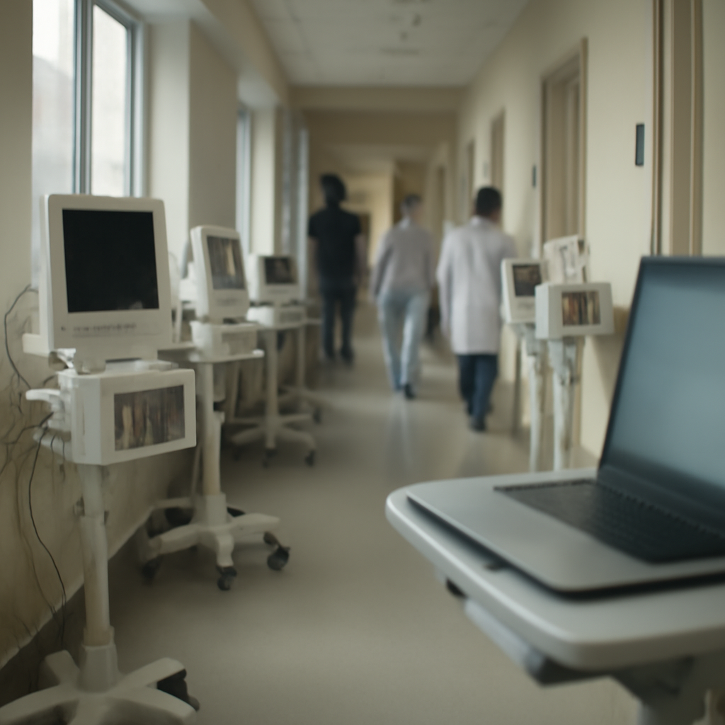 Hospital corridor with medical devices and healthcare professionals in calm, natural daylight.