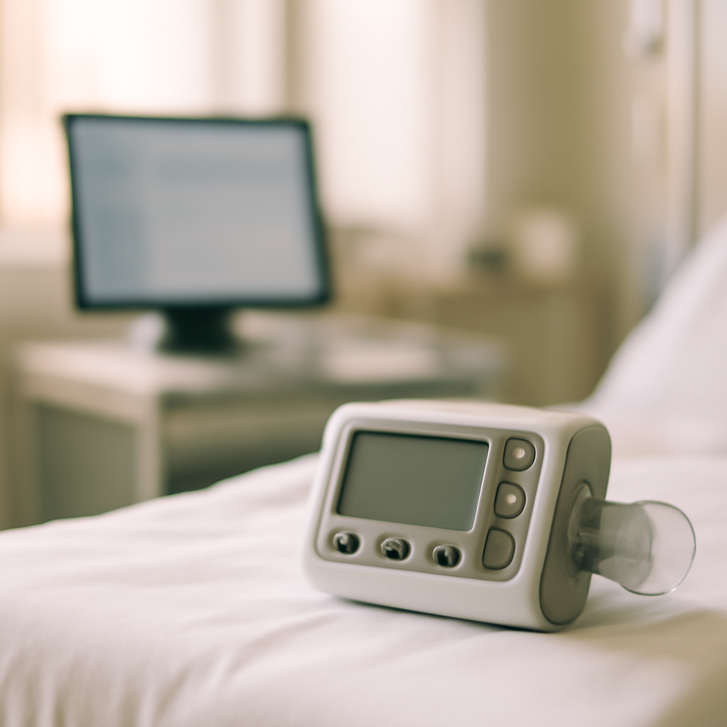 Medical device on hospital bed with blurred computer records in background.