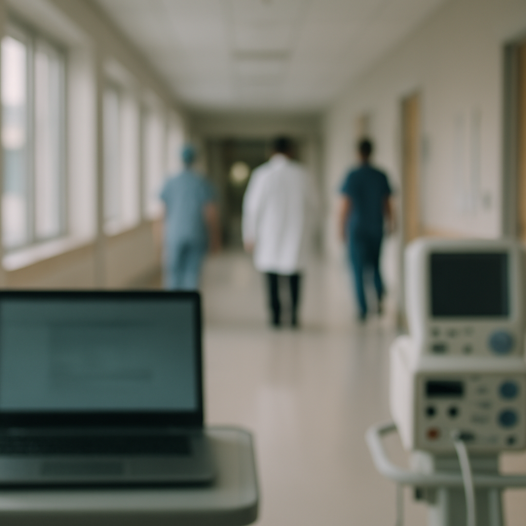 Hospital corridor with medical staff, laptop and device in foreground.
