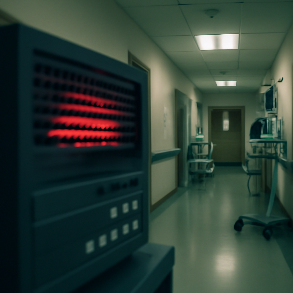 Hospital corridor with medical devices and blurred computer equipment.