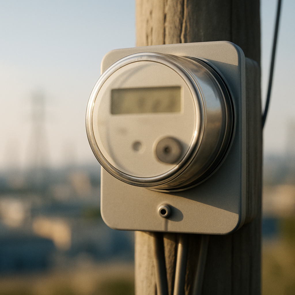 Smart meter on a utility pole with blurred details set against a calm daytime city backdrop.