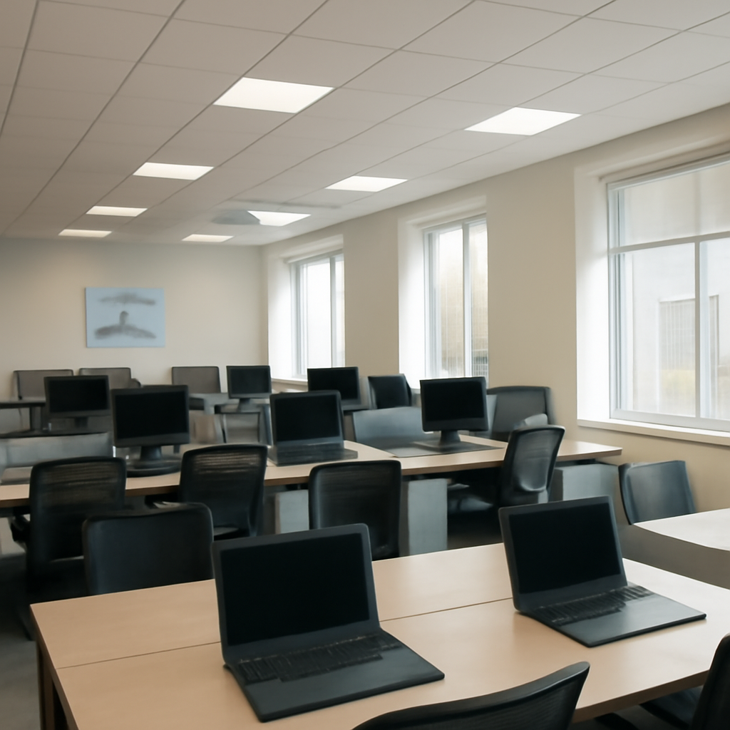 Empty corporate office with computer workstations and daylight through tall windows.