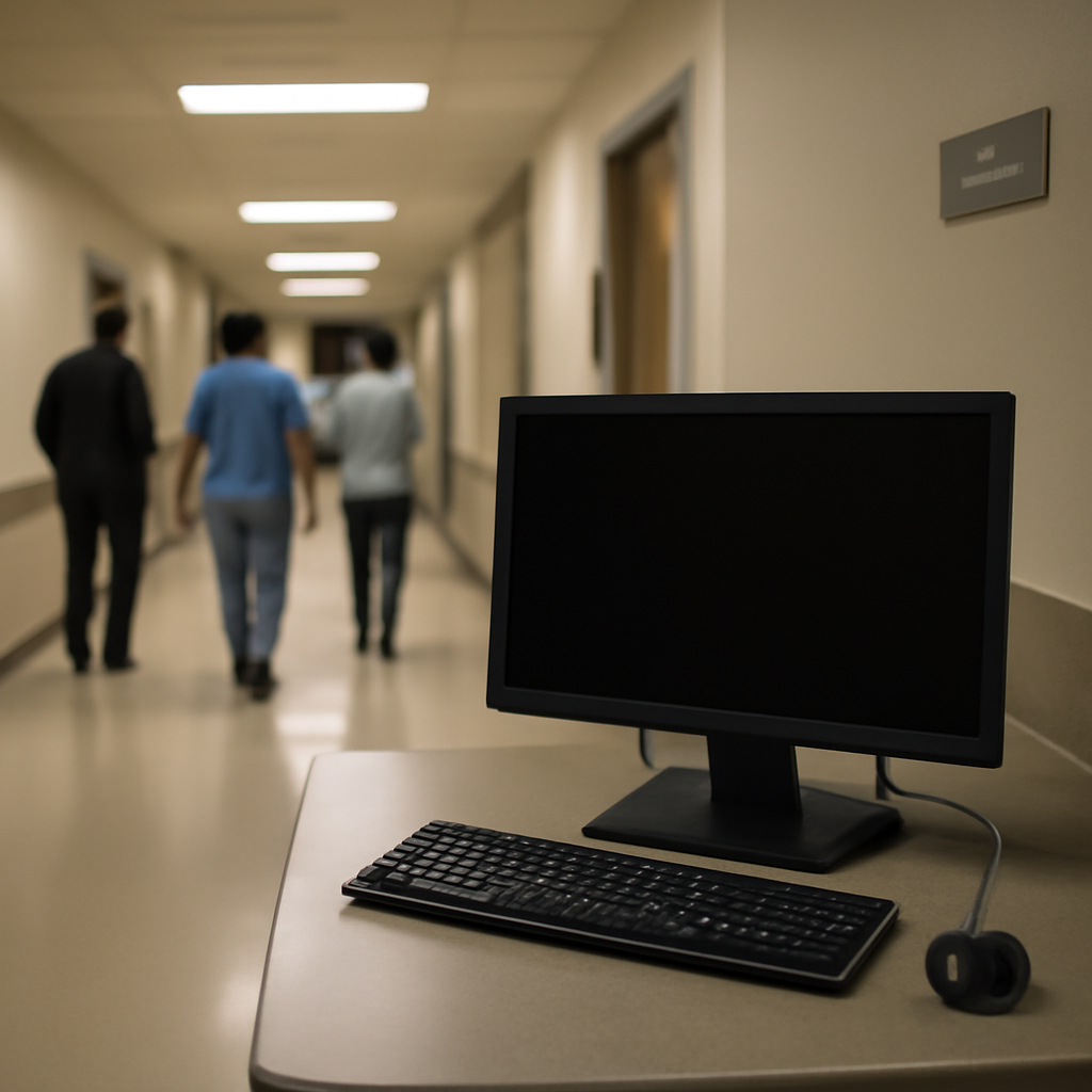 Hospital corridor with people walking, computer workstation, and door in background.