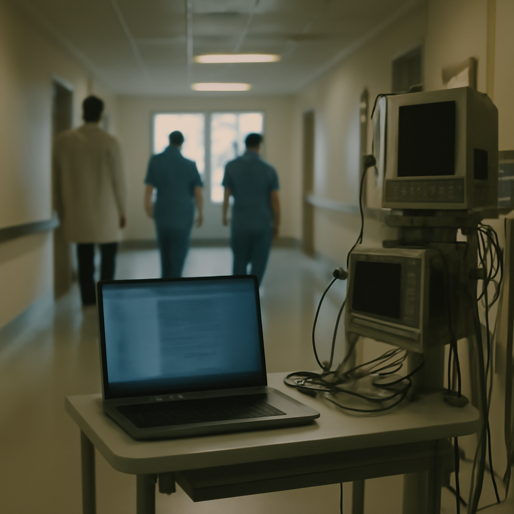 Hospital corridor with healthcare professionals, laptop, and medical equipment, conveying concern and vigilance.