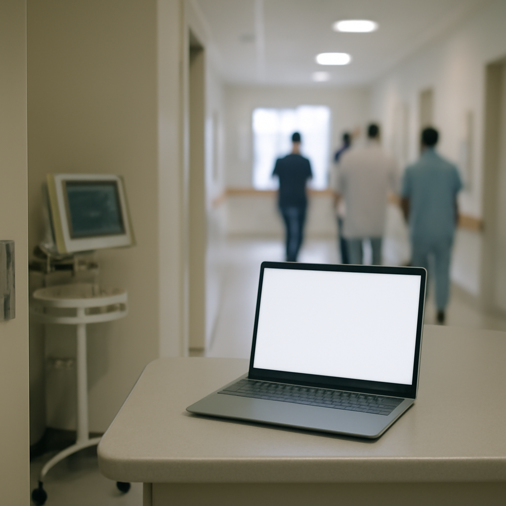 Hospital corridor with staff, medical device, and laptop, well-lit with daylight.