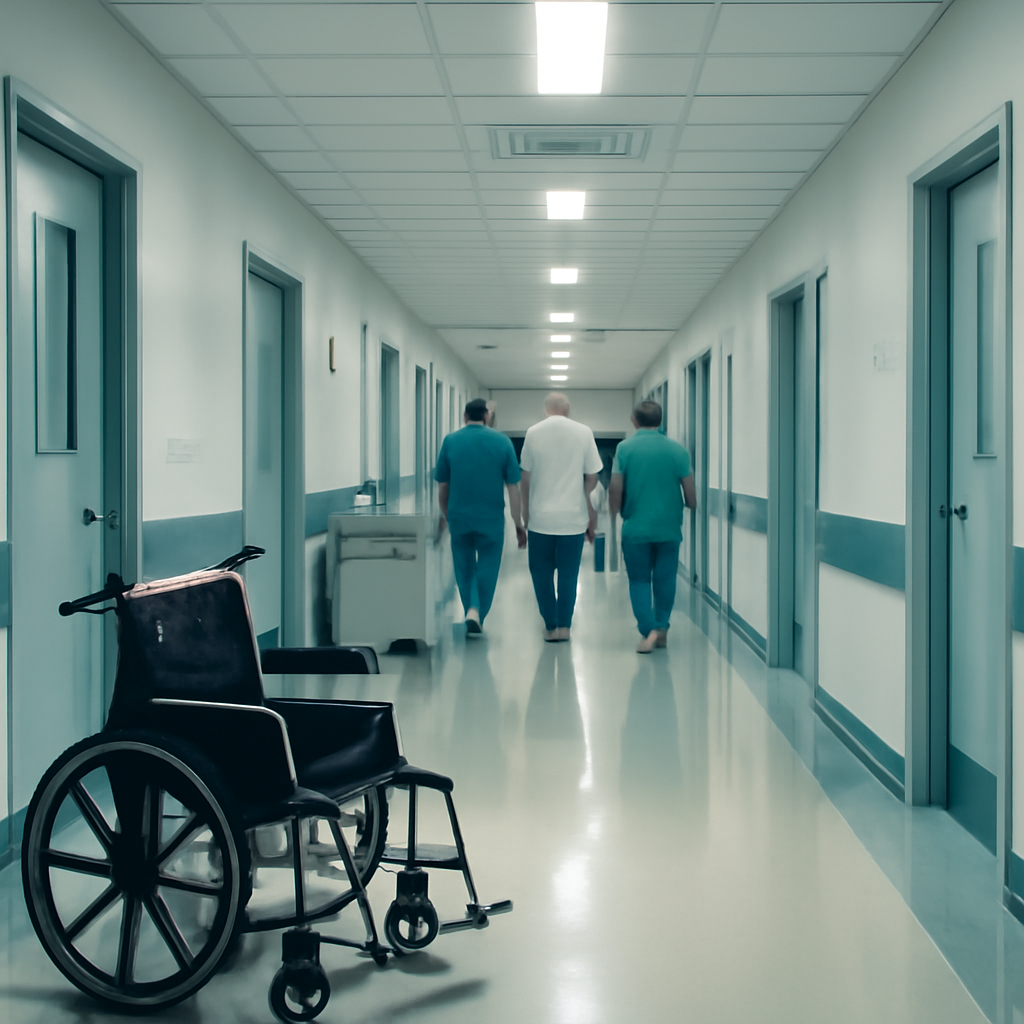 Hospital corridor with staff, equipment, and furniture, conveying disruption and concern.