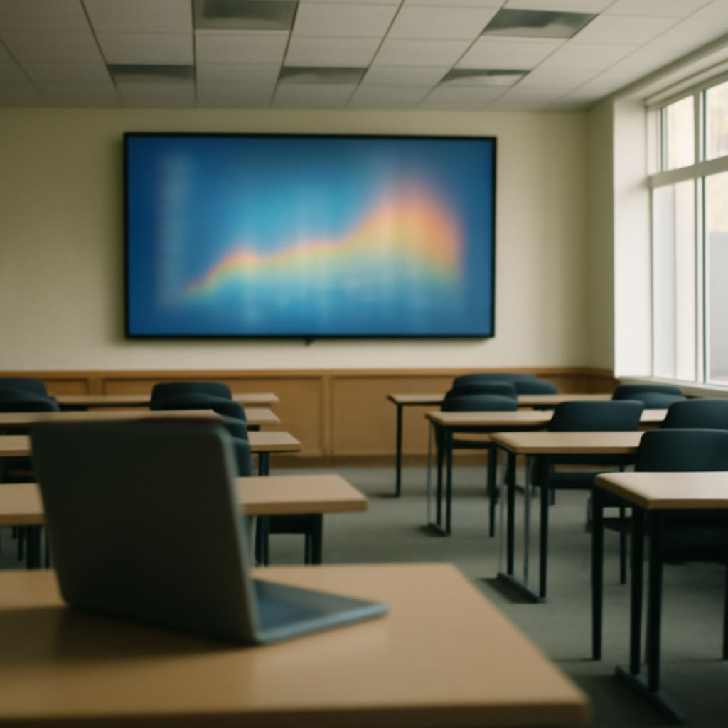 Blurred data visualization on a large screen in an empty office space with a laptop nearby.