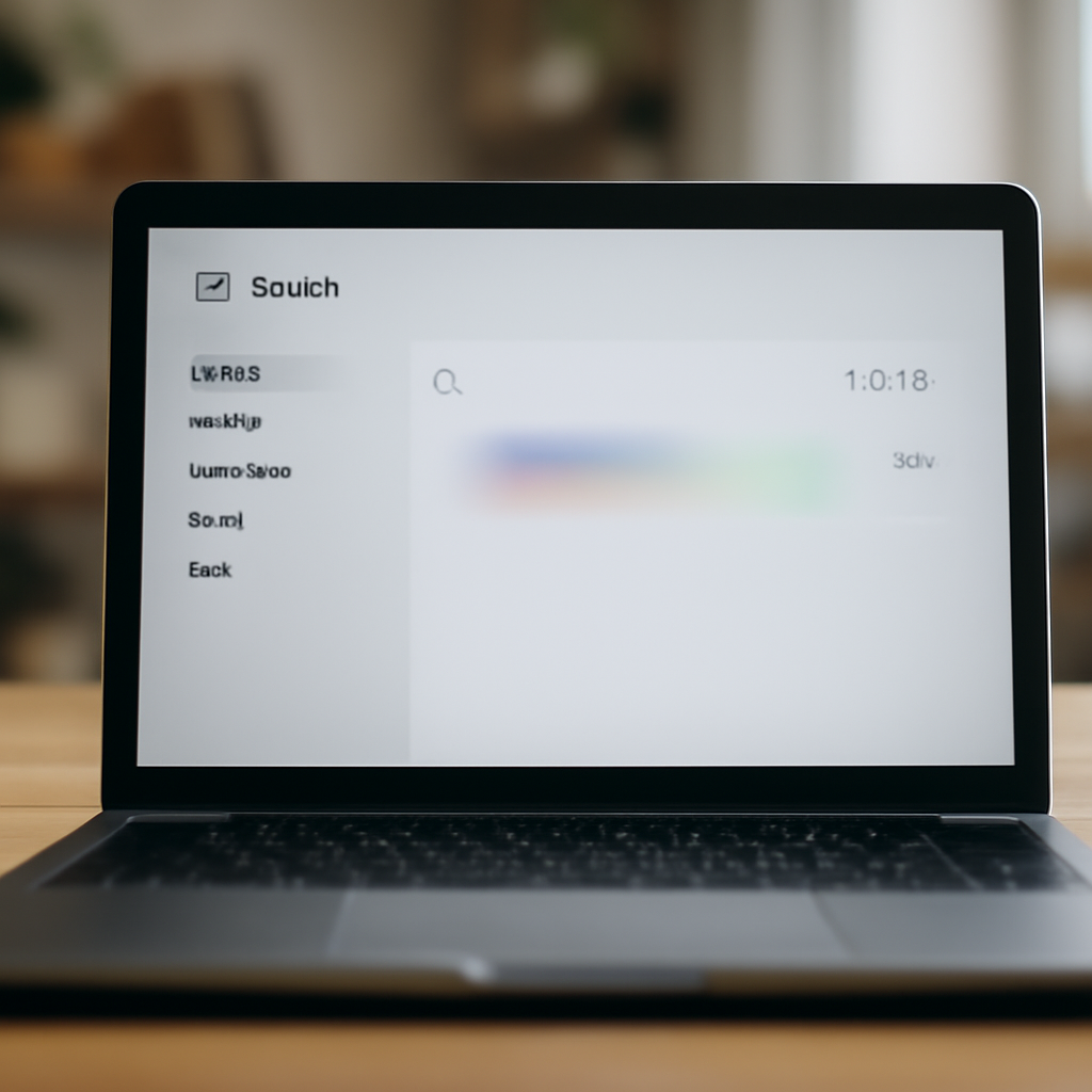 Laptop screen shows an email inbox with a single message against a blurred home office background.