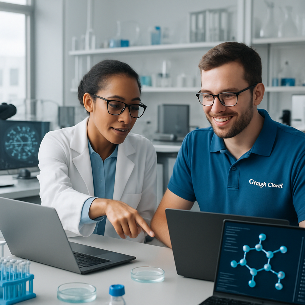 Scientist and Google Cloud engineer collaborate in bright laboratory setting.