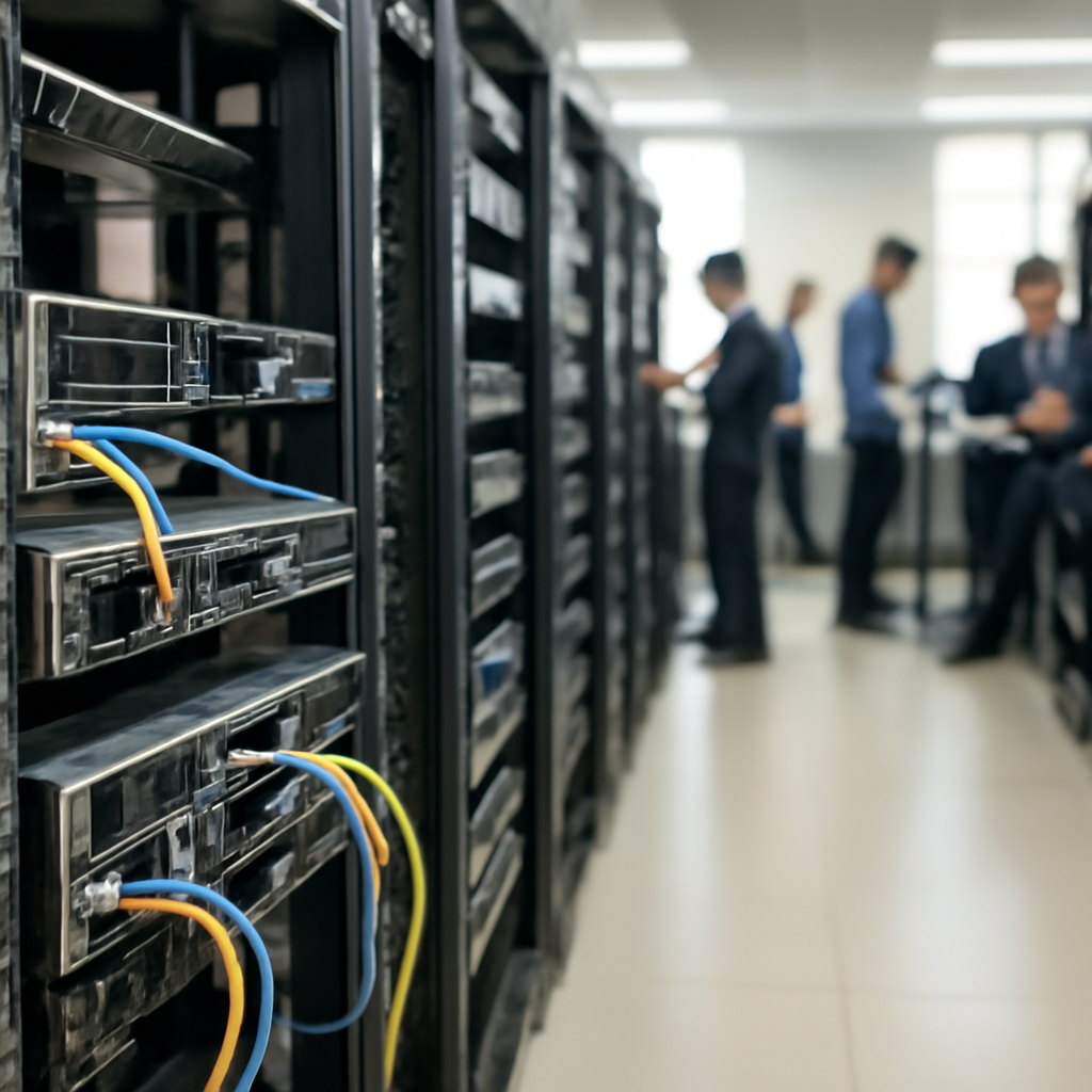 Rows of computer servers and networking equipment in a brightly-lit operations room.