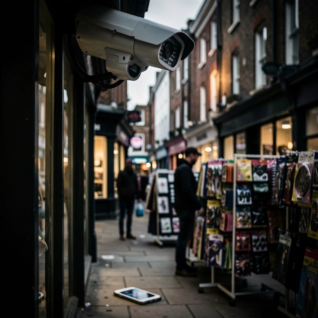 Security camera watches over dimly lit London shopping street with blurred figure of shoplifter in background.