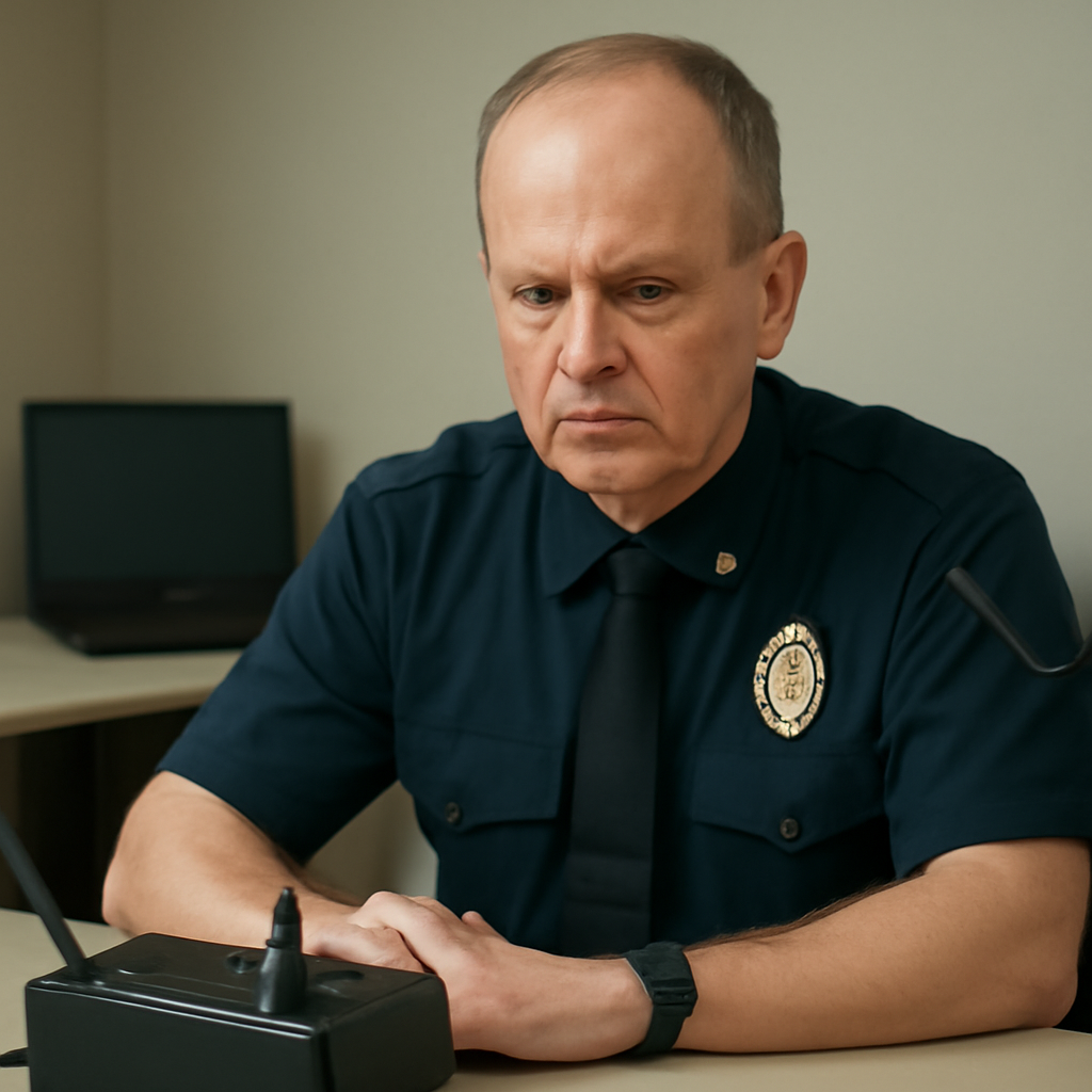 Police officer at desk with laptop in neutral setting.