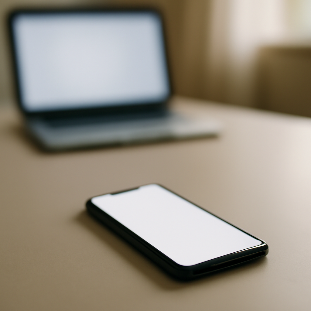 Smartphone with blank screen on a neutral table in a quiet room.