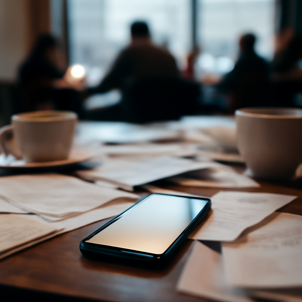 Smartphone on cluttered coffee shop table with blank, out-of-focus screen.