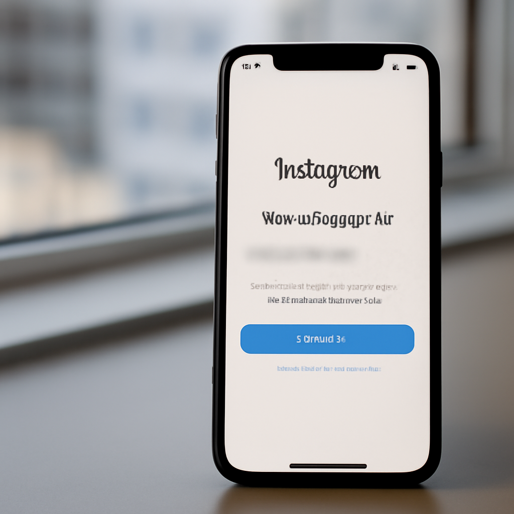 Smartphone with Instagram login screen on display, set against a blurred cityscape background.