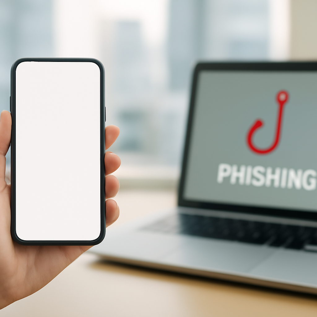 Person holding smartphone with blank screen, surrounded by blurred cityscape and subtle hint of phishing attempt on nearby…