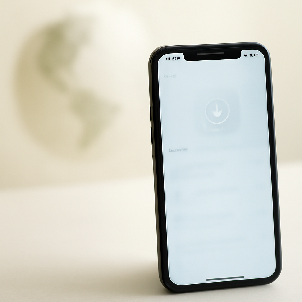 Smartphone with blurred WhatsApp interface on screen, set against a neutral background with a faint, out-of-focus globe in…