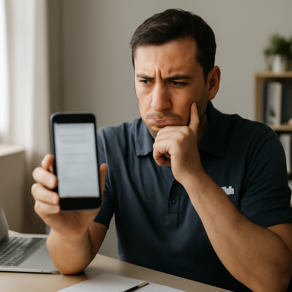Concerned business owner sits at desk, scrutinizing suspicious email on smartphone.