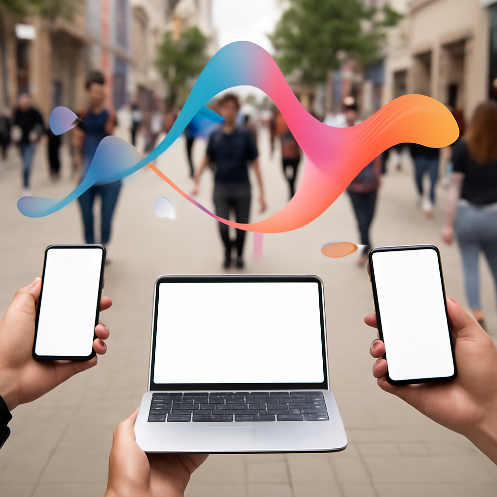 City street scene with people and devices, featuring abstract data flow representation.