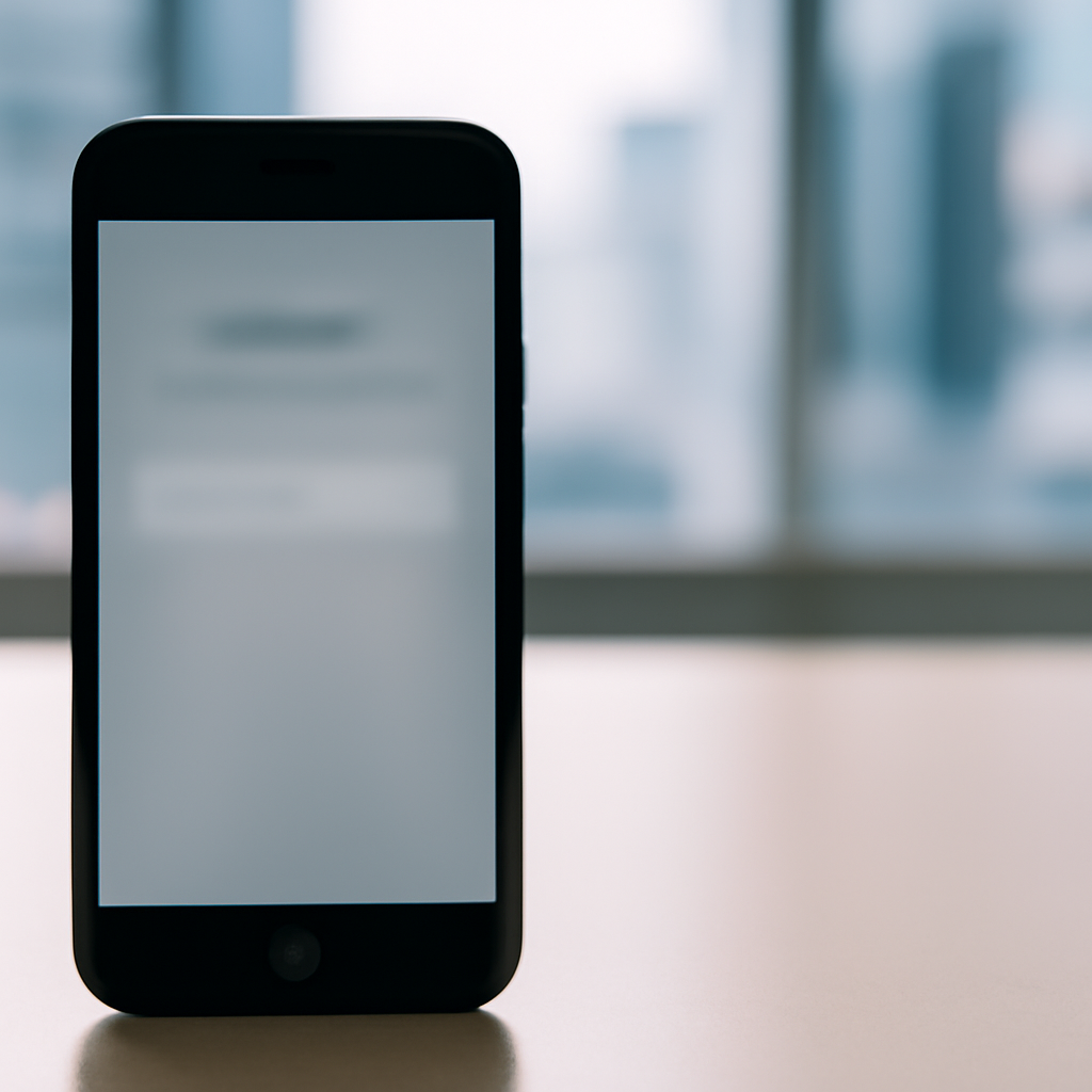 Smartphone on a neutral surface with blurred cityscape or office background.
