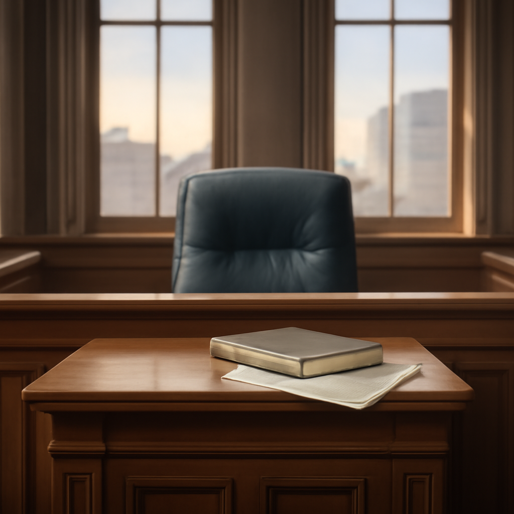 A judge's bench in a brightly lit courtroom with a blurred cityscape in the background and a single, blank laptop.