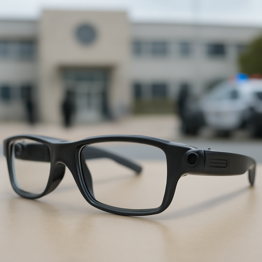 Futuristic eyeglasses with camera hints on a neutral surface, blurred law enforcement setting behind.