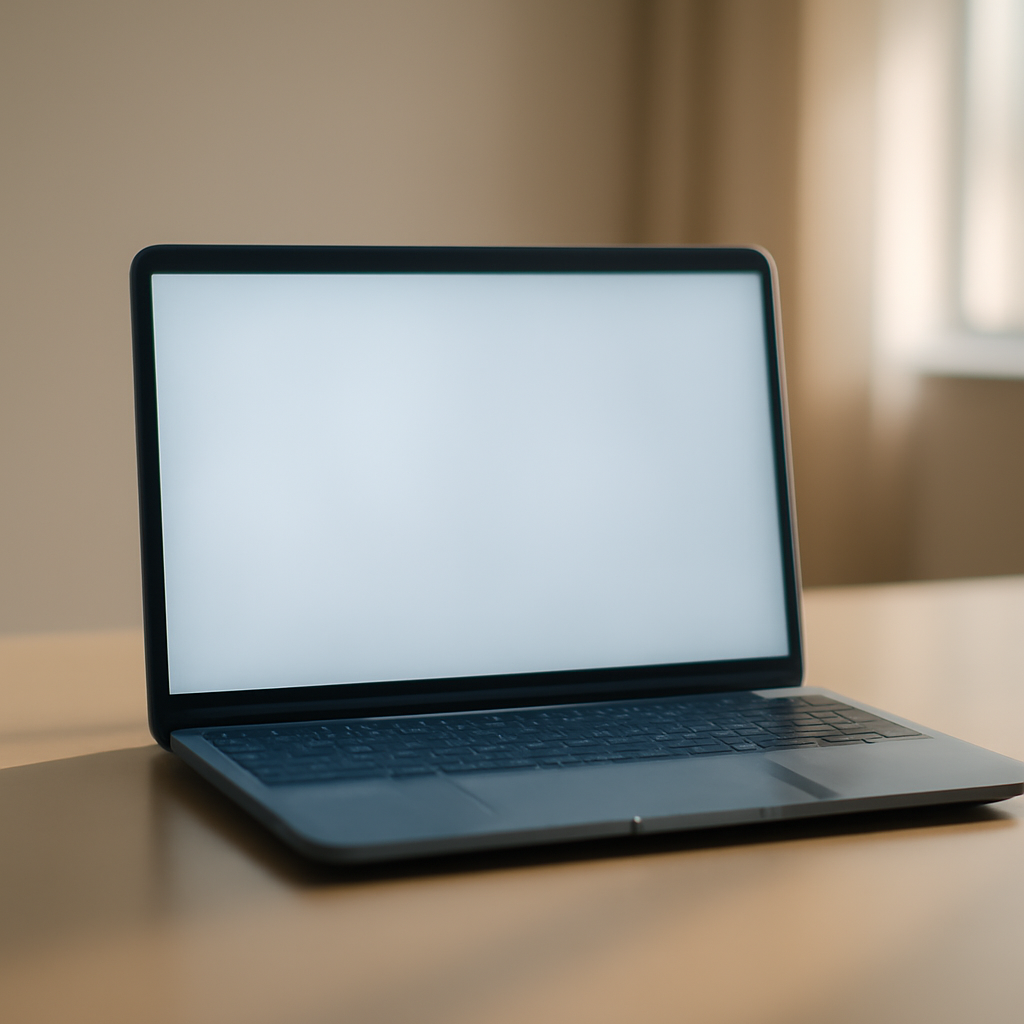Laptop screen on a plain desk in a blurred office setting with a faint shadow.