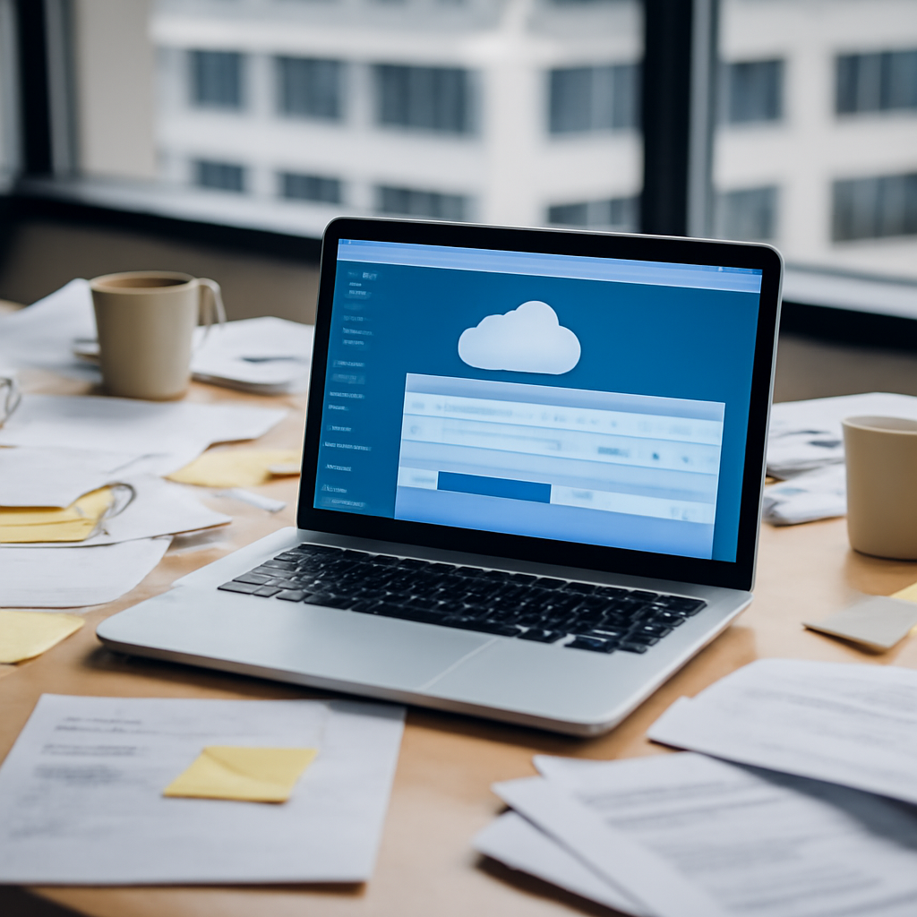 Laptop on cluttered desk with blurred login screen, surrounded by papers and coffee cups in modern office.
