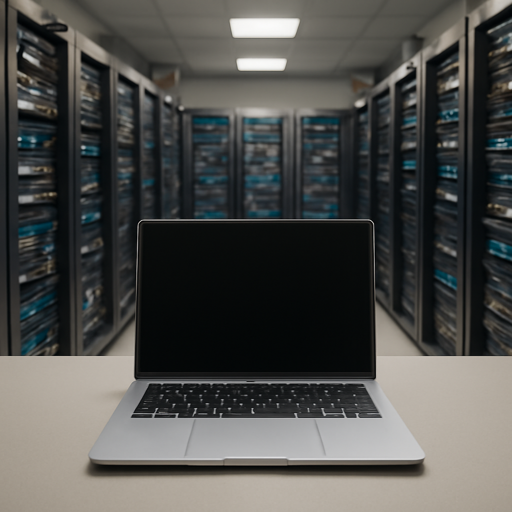 Rows of computer servers and networking equipment in a brightly-lit server room with a single, unoccupied workstation in…
