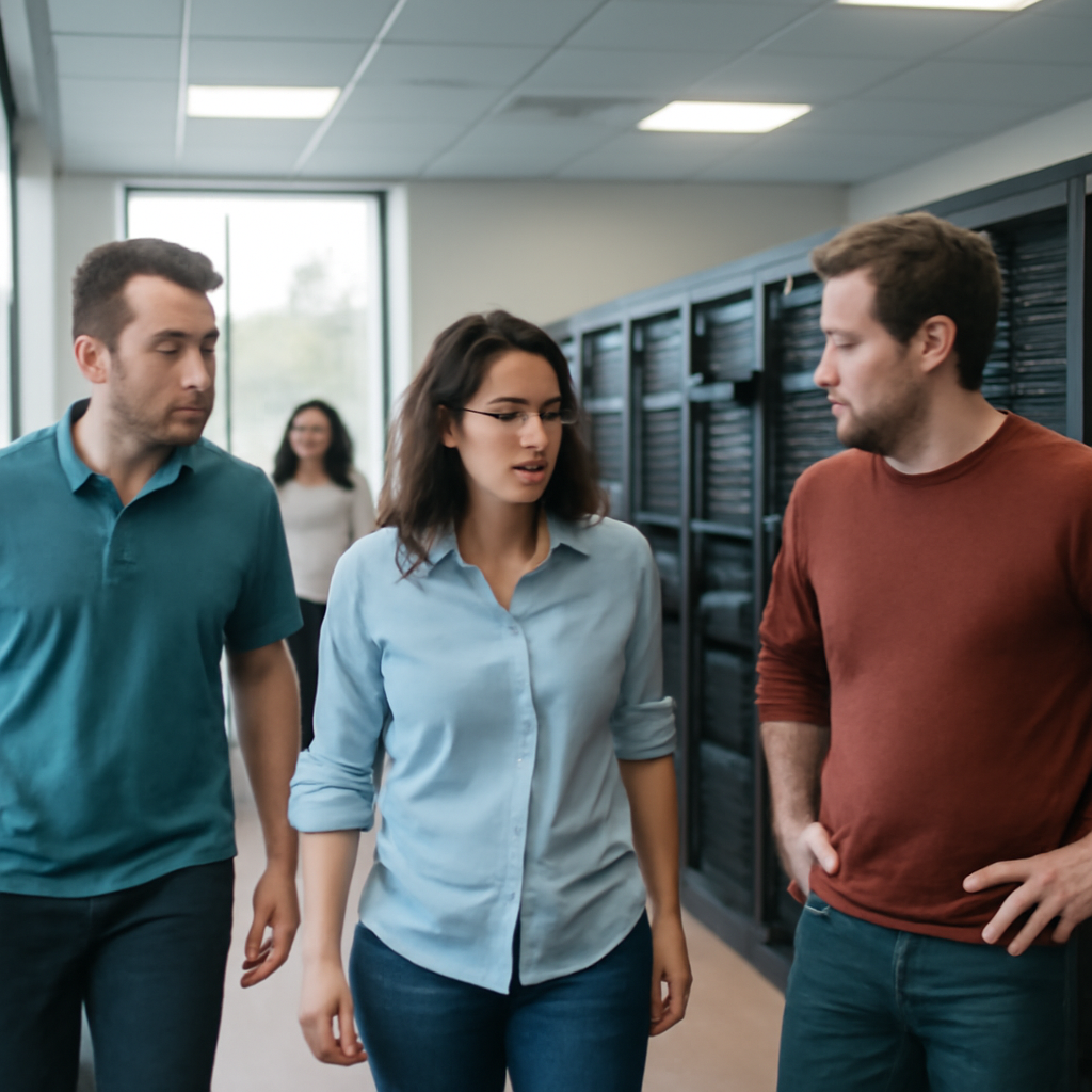 Concerned professionals gather in a modern server room with rows of computer equipment.