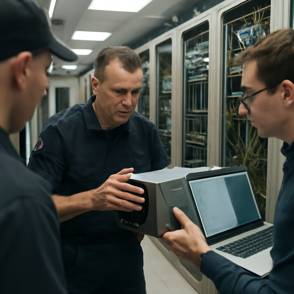 Technicians examine equipment in a brightly-lit server room with rows of racks and networking gear.